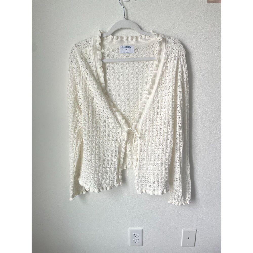 Coquette tie front cardigan XL Old Navy white crochet pointelle ruffle top
